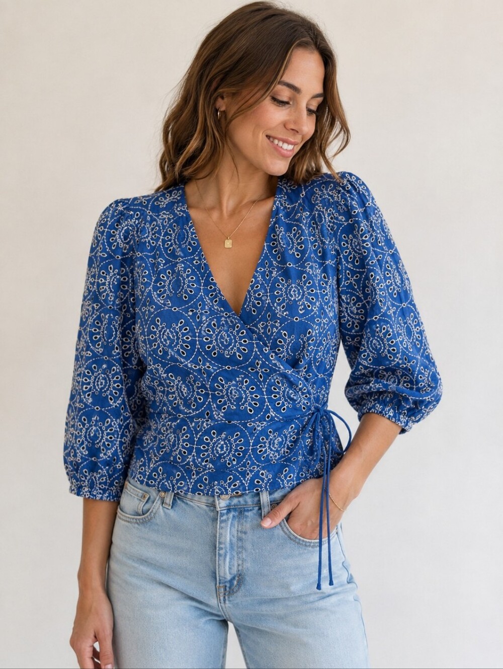 Embroidered Cotton Wrap Blouse Large 3/4 Puff Sleeve Boho Cottagecore Prairie